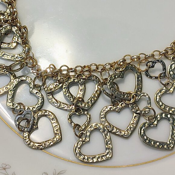 Vtg Y2K Multi-Layer Gold-Tone Necklace Hammered Heart Charms Lots of Love - Picture 3 of 6